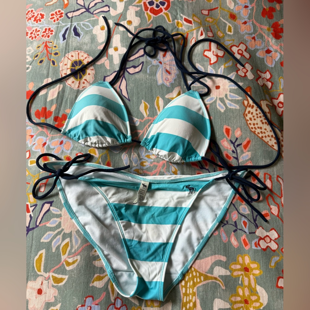 vintage Abercrombie & fitch Striped Blue and White string Bikini Set size large